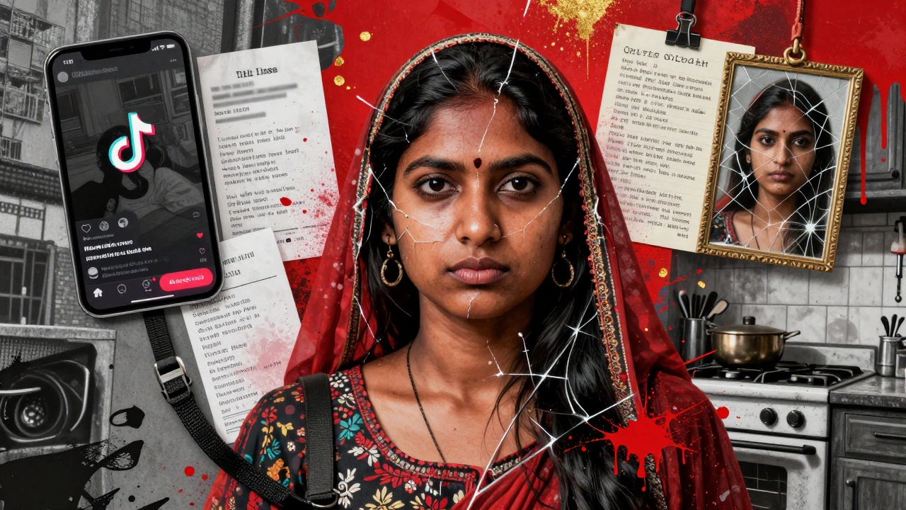 A fragmented digital collage of a migrant sex worker&#039;s life made from receipts, poetry, a dog leash, and a kitchen stove, no face fully shown.