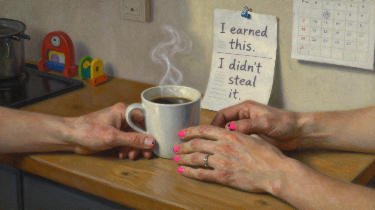 Two hands on a kitchen table holding a coffee cup, chipped neon pink nails, a wedding ring, and a receipt taped to the wall.